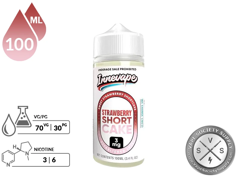 Strawberry Shortcake Innevape 100ml bottle with a 70/30 VG/PG icon and nicotine strength icons