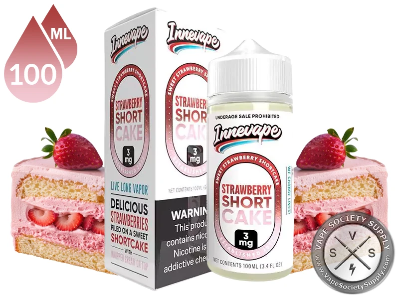 Strawberry Shortcake Innevape 100ml bottle and box with slices of strawberry cake