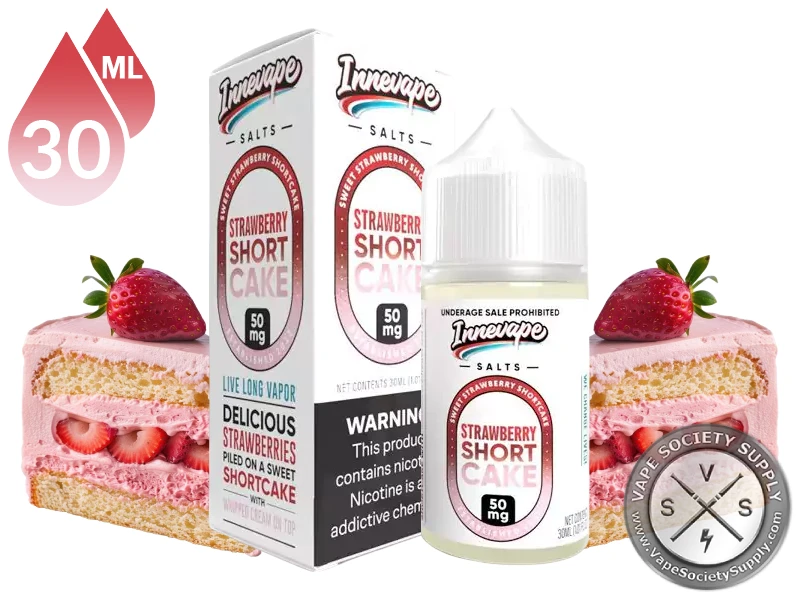 Strawberry Shortcake Innevape Salts 30ml bottle and box with slices of strawberry cake