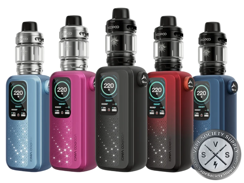 Voopoo VINCI Spark 220 kits in Starlit Blue, Rose Red, Midnight Black, Dark Red and Space Blue with UFORCE-X tanks