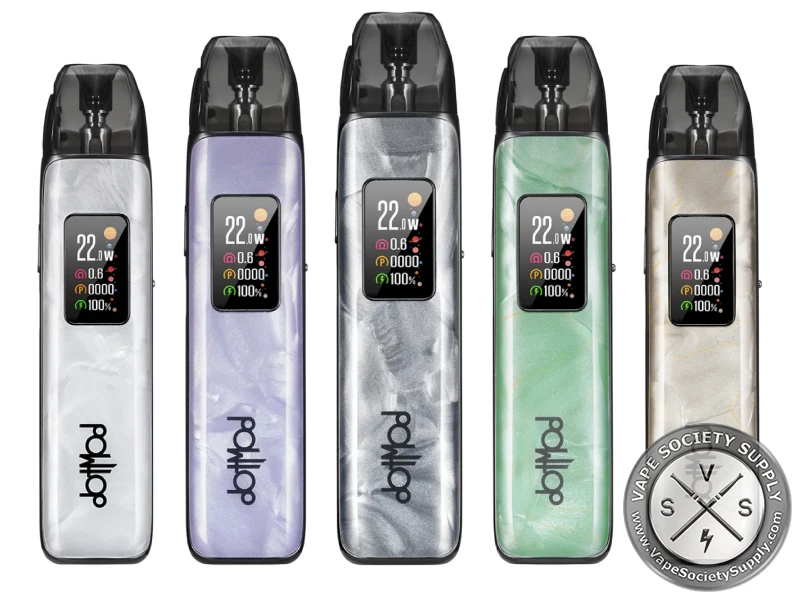 Five dotmod dotPod Plus devices in pearl white, purple, dark grey, green and gold grey