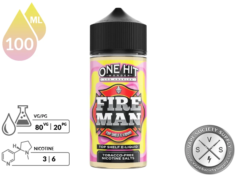 Fire Man by One Hit Wonder 100ml bottle with an 80/20 VG/PG icon and nicotine strength icons
