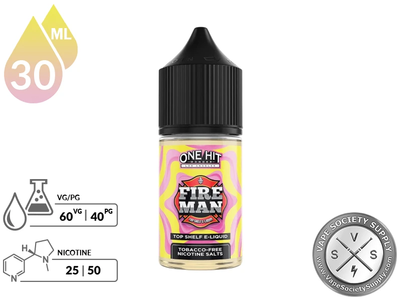 Fire Man by One Hit Wonder Salts 30ml bottle with a 60/40 VG/PG icon and nicotine strength icons