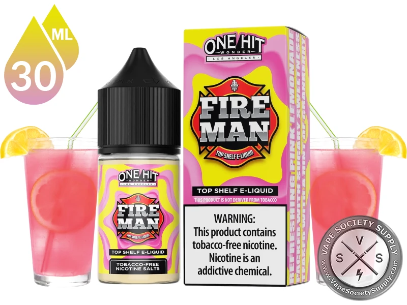 Fire Man by One Hit Wonder Salts 30ml bottle and box with glasses of pink lemonade with lemon slices