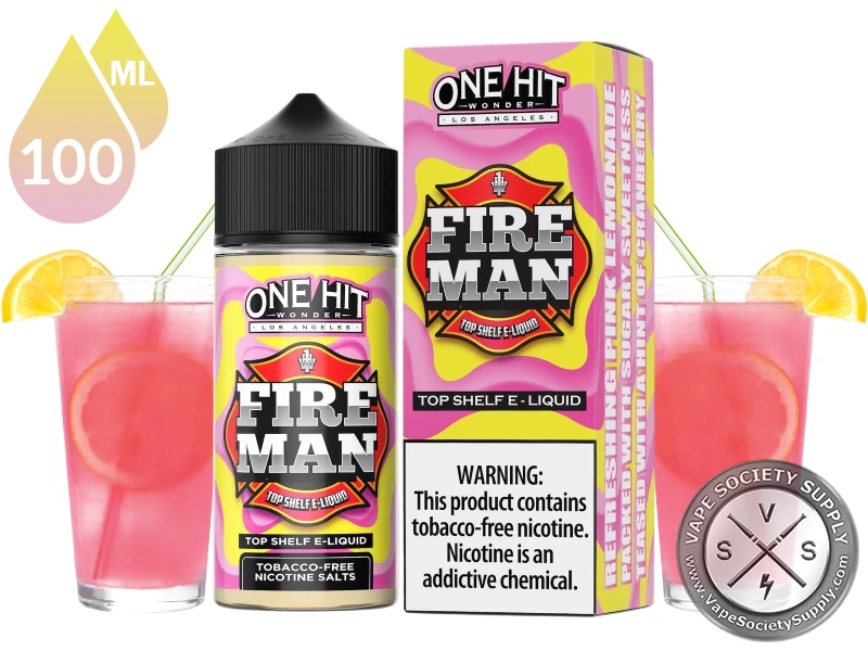 Fire Man by One Hit Wonder 100ml bottle and box with glasses of pink lemonade with lemon slices