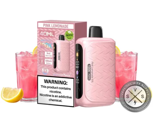 HorizonTech 100K Pink Lemonade disposable vape and box with glasses of pink lemonade and lemon wedges