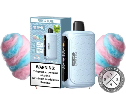 HorizonTech 100K Pink & Blue disposable vape and box with pink and blue cotton candy