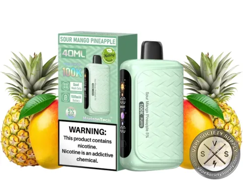 HorizonTech 100K Sour Mango Pineapple disposable vape and box with pineapples and mangoes