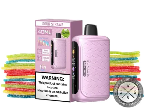 HorizonTech 100K Sour Straws disposable vape and box with stacks of rainbow sour candy straws