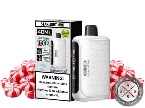 HorizonTech 100K Starlight Mint disposable vape and box with red and white peppermint candies