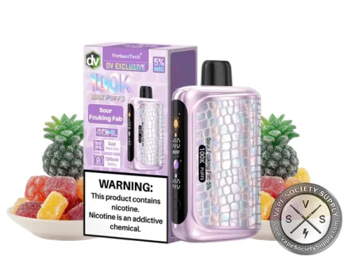 HorizonTech 100K Sour Fcuking Fab disposable vape and box with pineapples and sour fruit gummies