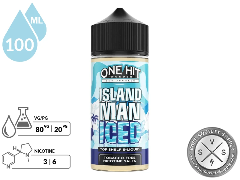 Island Man Iced by One Hit Wonder 100ml bottle with an 80/20 VG/PG icon and nicotine strength icons