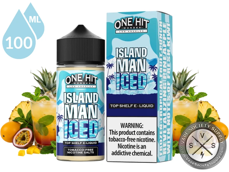 Island Man Iced by One Hit Wonder 100ml bottle and box with pineapples, passion fruit and iced drinks