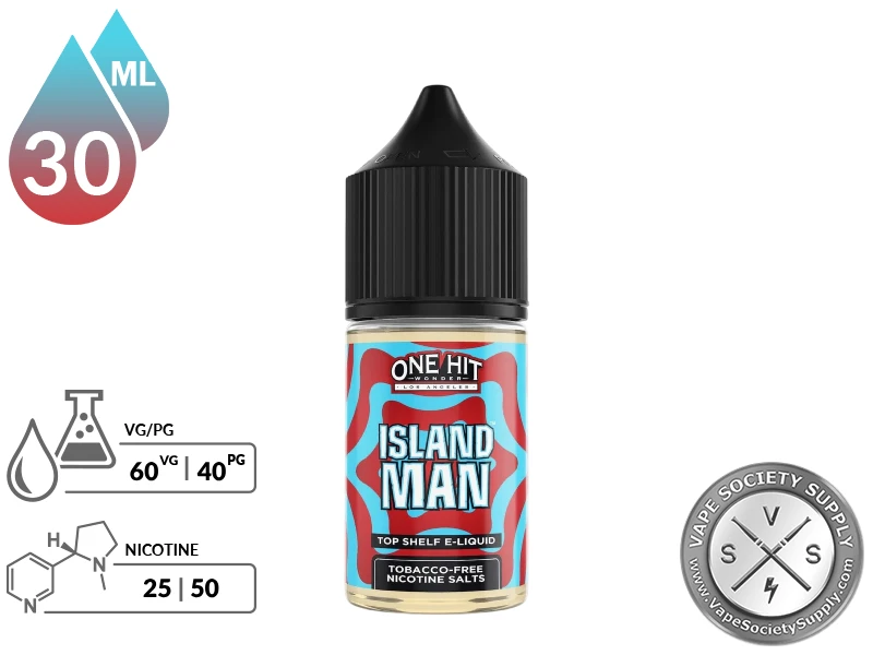 Island Man by One Hit Wonder Salts 30ml bottle with a 60/40 VG/PG icon and nicotine strength icons