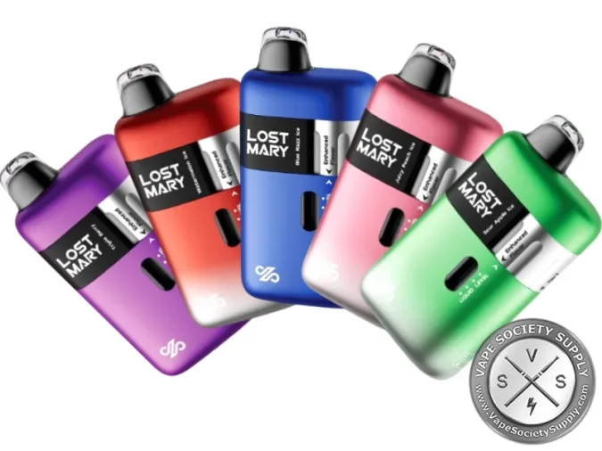 Five Lost Mary Ultrasonic 35K disposable vapes fanned out in purple, red, blue, pink and green