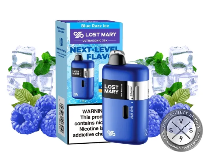 Lost Mary Ultrasonic 35K Blue Razz Ice disposable vape in blue with its box, next to blue raspberries, ice cubes and mint leaves
