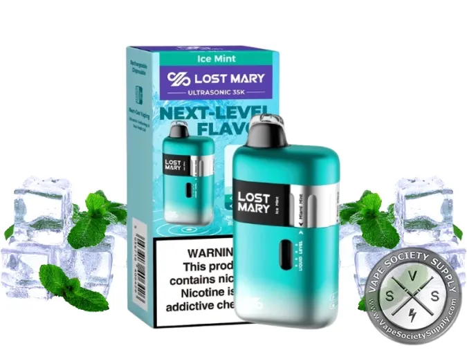 Lost Mary Ultrasonic 35K Ice Mint disposable vape in teal with its box, next to ice cubes and mint leaves