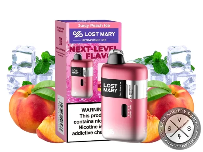 Lost Mary Ultrasonic 35K Juicy Peach Ice disposable vape in pink with its box, next to peaches, ice cubes and mint leaves