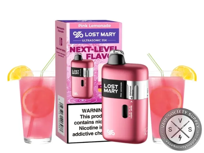 Lost Mary Ultrasonic 35K Pink Lemonade disposable vape in pink with its box, next to glasses of pink lemonade with lemon slices