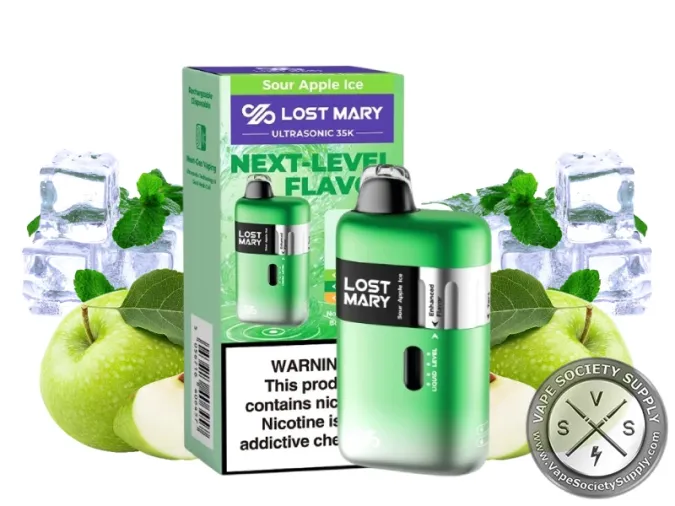 Lost Mary Ultrasonic 35K Sour Apple Ice disposable vape in green with its box, next to green apples, ice cubes and mint leaves
