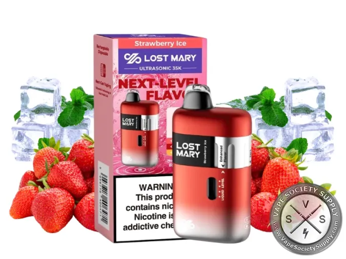Lost Mary Ultrasonic 35K Strawberry Ice disposable vape in red with its box, next to strawberries, ice cubes and mint leaves