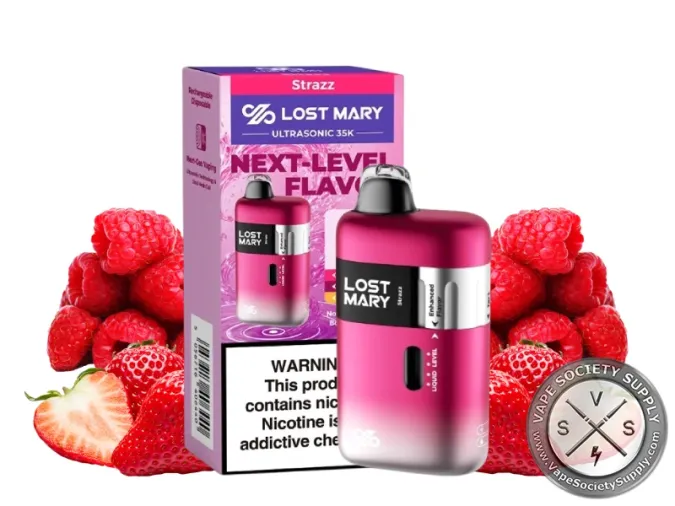 Lost Mary Ultrasonic 35K Strazz disposable vape in pink with its box, next to strawberries and raspberries