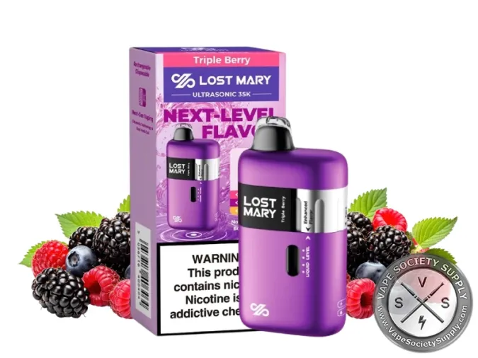 Lost Mary Ultrasonic 35K Triple Berry disposable vape in purple with its box, next to blackberries, raspberries and blueberries