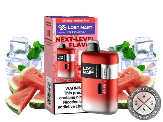 Lost Mary Ultrasonic 35K Watermelon Ice disposable vape in red with its box, next to watermelon slices, ice cubes and mint leaves