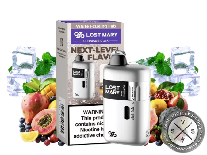 Lost Mary Ultrasonic 35K White Fcuking Fab disposable vape in silver with its box, next to papaya, dragon fruit and mixed tropical fruit