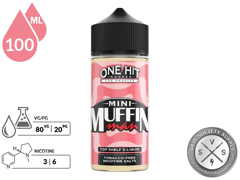 Mini Muffin Man by One Hit Wonder 100ml bottle with an 80/20 VG/PG icon and nicotine strength icons