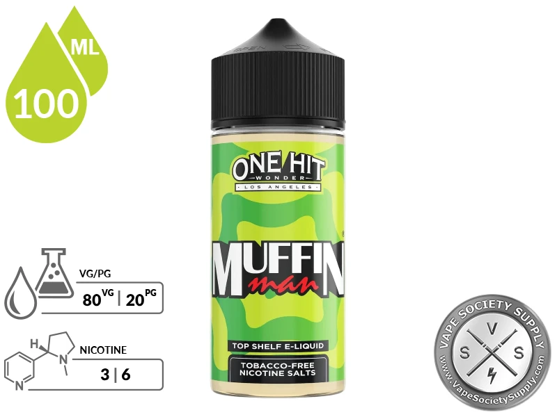 Muffin Man by One Hit Wonder 100ml bottle with an 80/20 VG/PG icon and nicotine strength icons