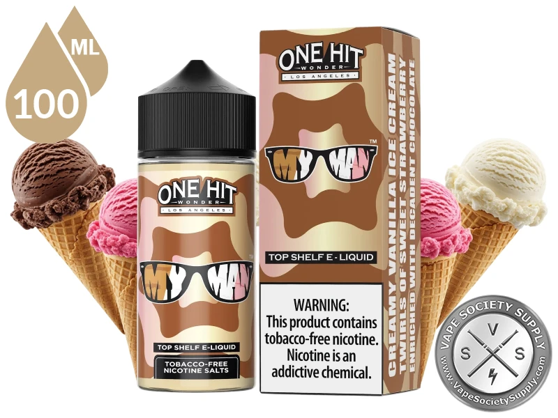 My Man by One Hit Wonder 100ml bottle and box with chocolate, strawberry and vanilla ice cream cones