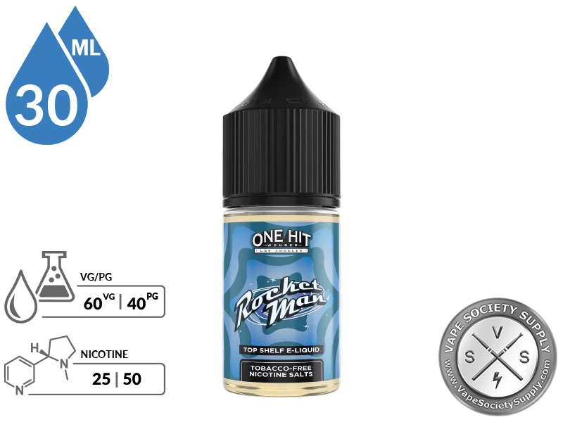 Rocket Man by One Hit Wonder Salts 30ml bottle with a 60/40 VG/PG icon and nicotine strength icons