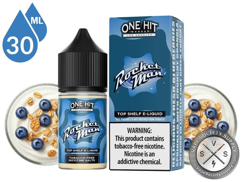 Rocket Man by One Hit Wonder Salts 30ml bottle and box with bowls of yogurt with blueberries and granola