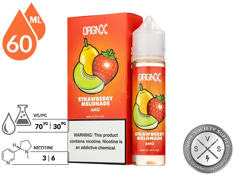 Strawberry Melonade by ORGNX 60ml bottle and box with a 70/30 VG/PG icon and nicotine strength icons