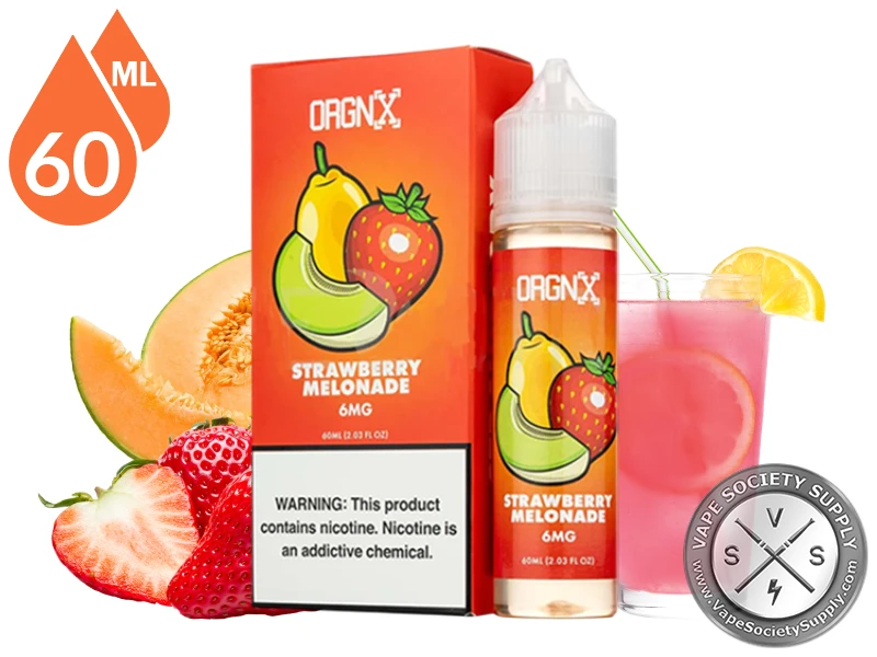 Strawberry Melonade by ORGNX 60ml bottle and box with strawberries, melon slices and a glass of pink lemonade