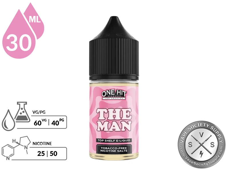 The Man by One Hit Wonder Salts 30ml bottle with a 60/40 VG/PG icon and nicotine strength icons