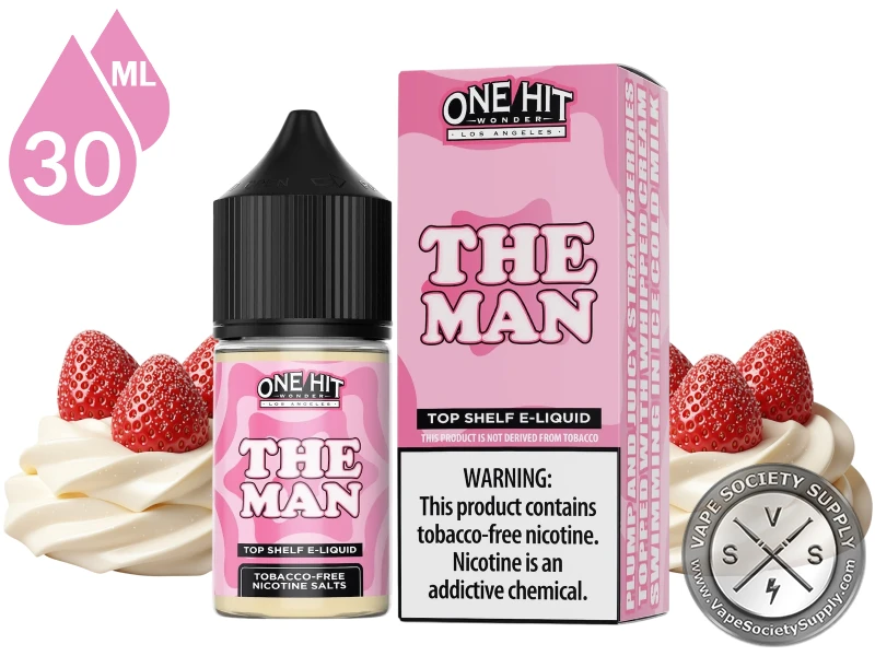 The Man by One Hit Wonder Salts 30ml bottle and box with strawberries on whipped cream