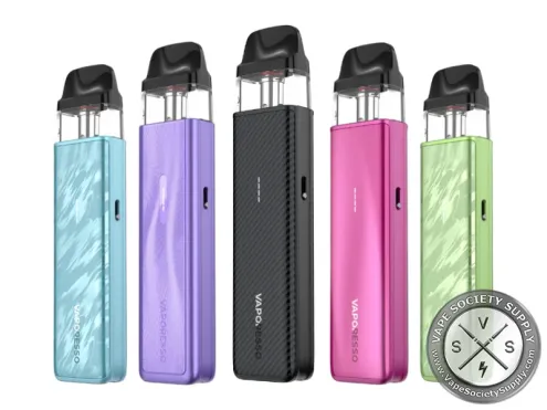 Vaporesso XROS 5 Mini Pod System in five colors, each with an XROS pod fitted