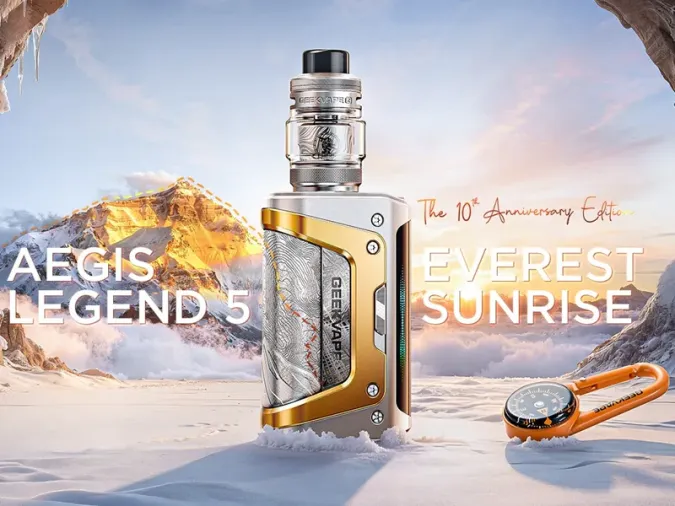 Geekvape Aegis Legend 5 Everest Sunrise kit, the 10th Anniversary Edition, on snow with mountains behind
