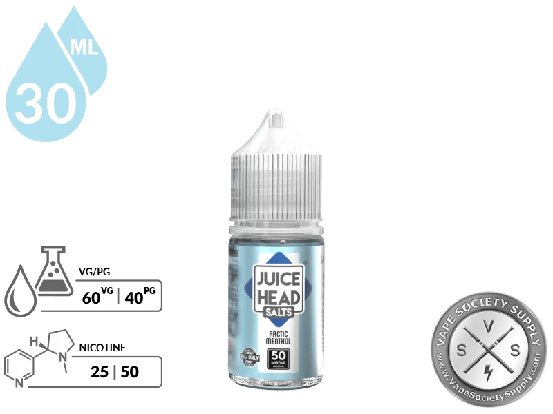 Arctic Menthol Juice Head Salts 30ml bottle with VG/PG and nicotine strength icons