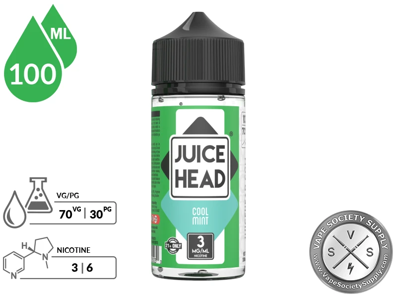 Cool Mint Juice Head 100ml bottle with a 70/30 VG/PG icon and nicotine strength icons