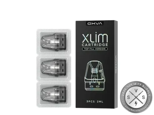 OXVA XLIM Cartridge Top Fill Version box, 3 pcs 2ml, beside a blister of three pods