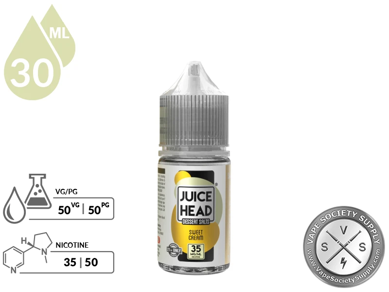 Sweet Cream Juice Head Dessert Salts 30ml bottle with VG/PG and nicotine strength icons