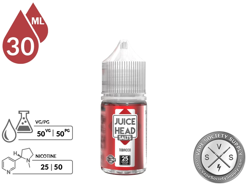 Tobacco Juice Head Salts 30ml bottle with a 50/50 VG/PG icon and nicotine strength icons