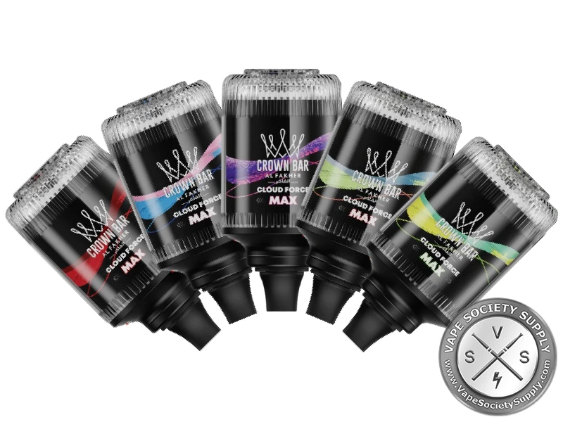 Five Al Fakher Crown Bar Cloud Force Max e-hookah heads in black with colored stripes