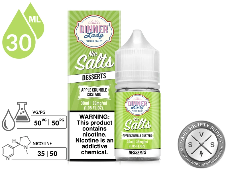Apple Crumble Custard by Dinner Lady Salts 30ml bottle and box with a 50/50 VG/PG icon and nicotine strength icons