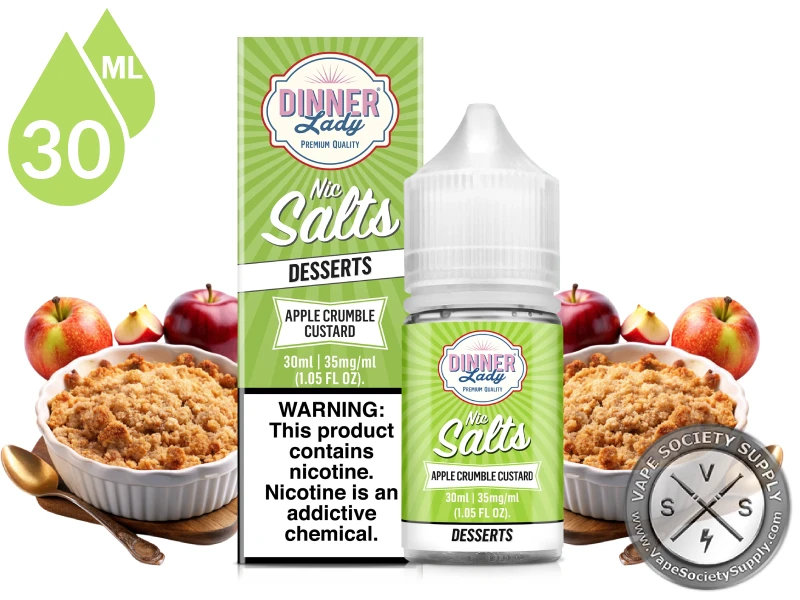 Apple Crumble Custard by Dinner Lady Salts 30ml bottle and box with apple crumble and red apples