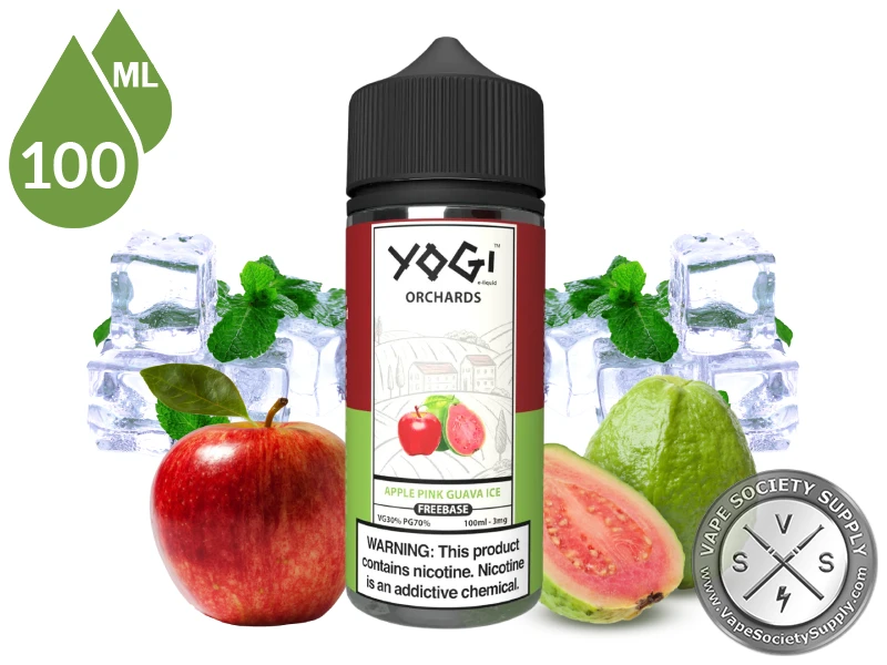 Apple Pink Guava Ice by YOGI Orchards 100ml bottle with a red apple, a pink guava, mint leaves and ice cubes