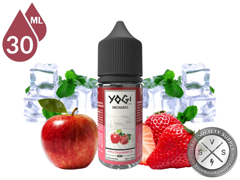 Apple Strawberry Ice by YOGI Orchards Salt 30ml bottle with a red apple, a strawberry, mint leaves and ice cubes